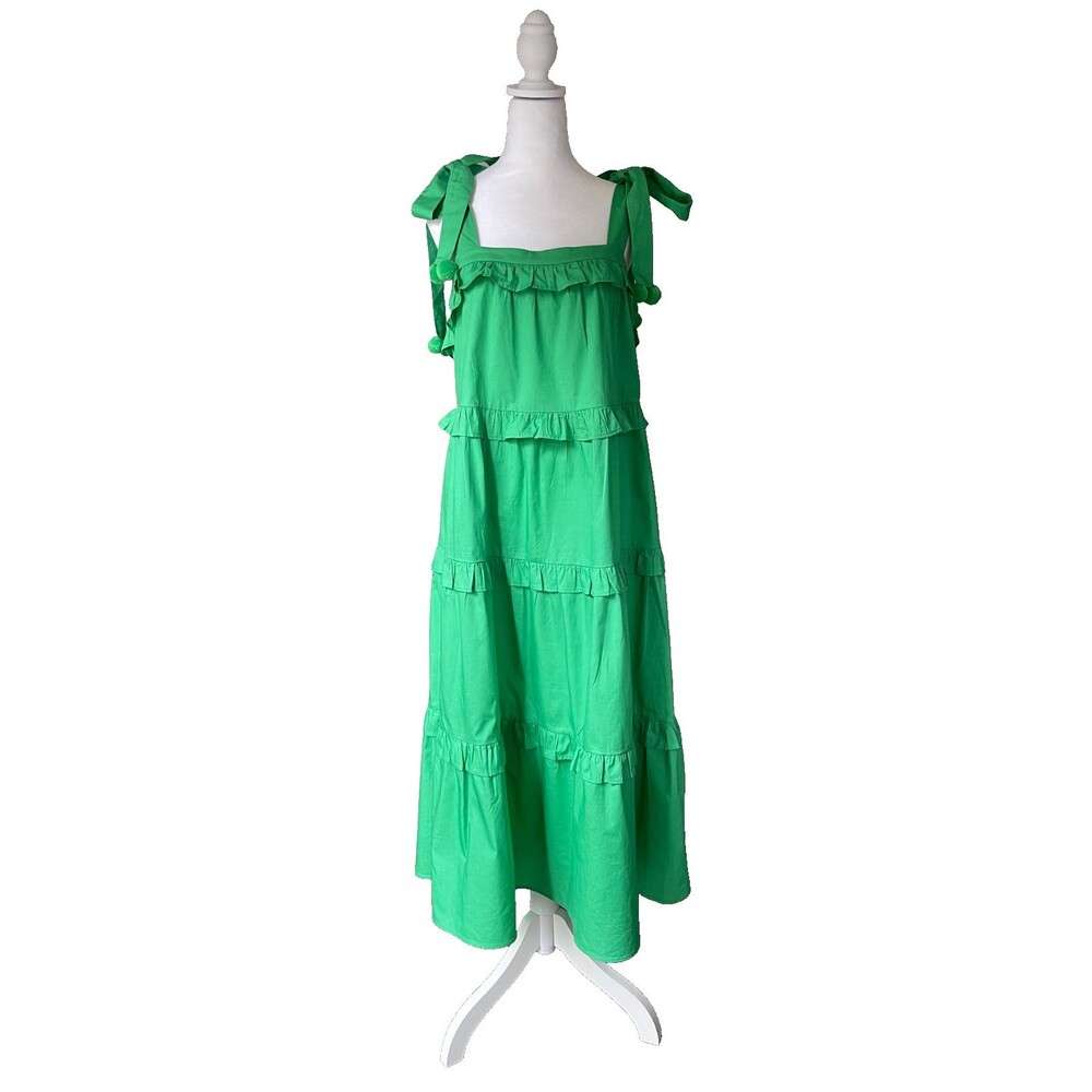 TCEC Kelly Green Midi Dress Size L 100% Cotton Tiered Skirt Shoulder Ties NEW
